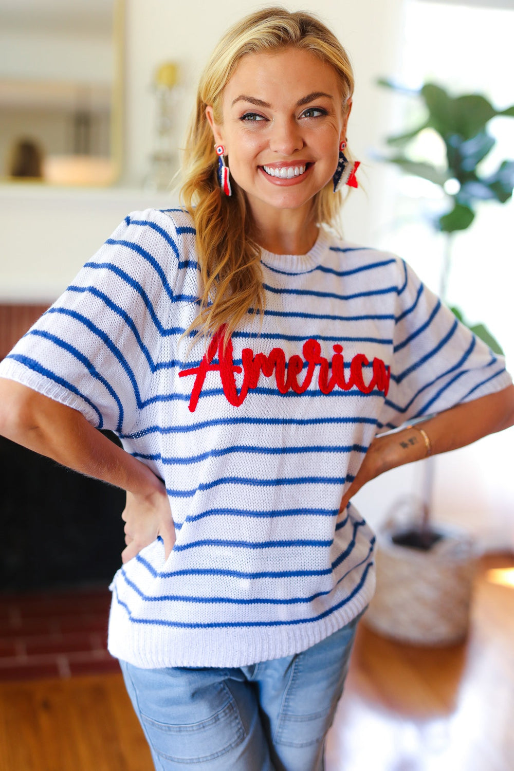 America Proud Blue Striped Embroidered Puff Sleeve Top-Haptics-[option4]-[option5]-[option6]-[option7]-[option8]-Shop-Boutique-Clothing-for-Women-Online