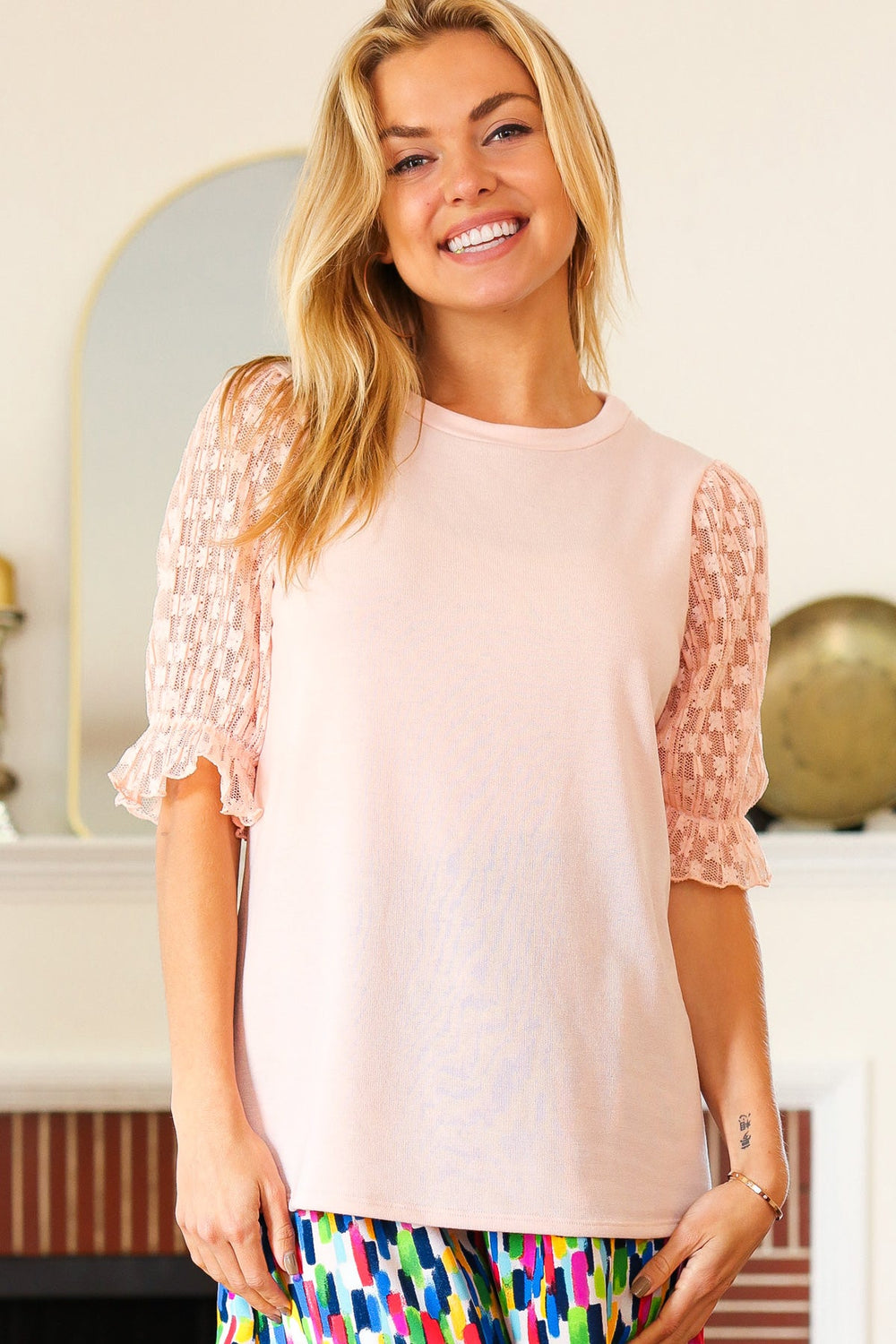 Pretty In Peach French Terry Lace Sleeve Top-Haptics-[option4]-[option5]-[option6]-[option7]-[option8]-Shop-Boutique-Clothing-for-Women-Online