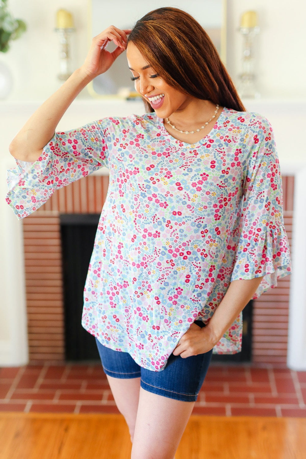 Feeling It Blue Floral Print Ruffle Three Quarter Sleeve Top-Hayzel-[option4]-[option5]-[option6]-[option7]-[option8]-Shop-Boutique-Clothing-for-Women-Online