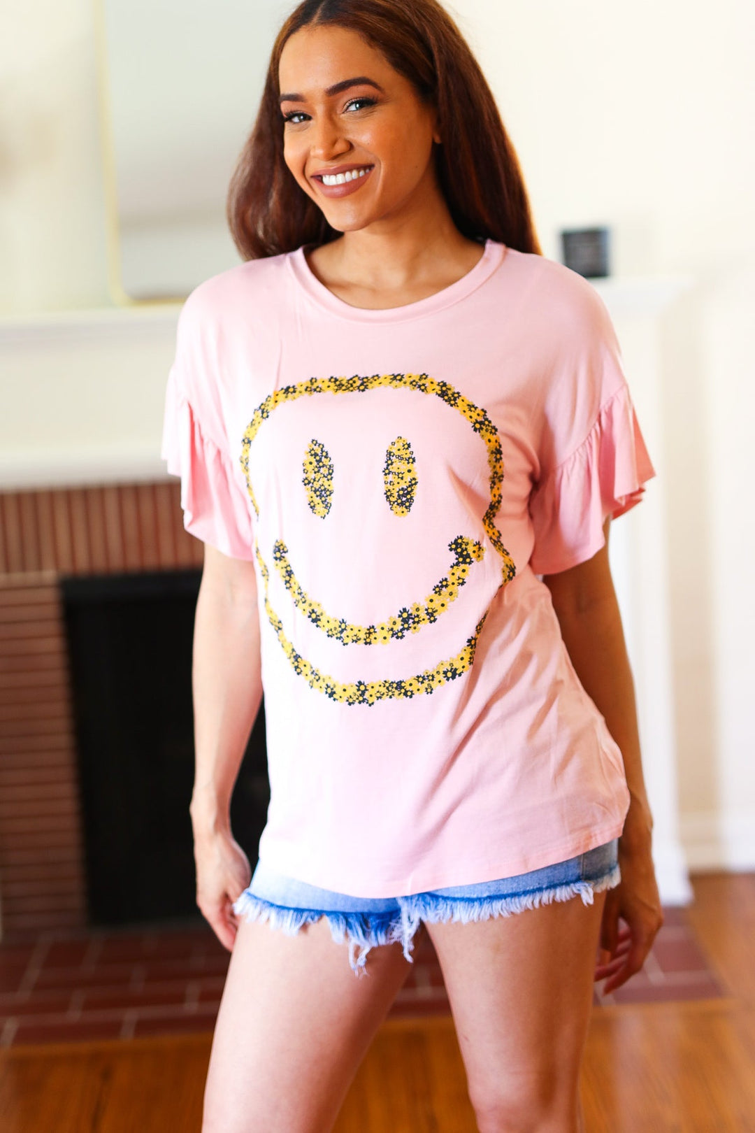 Live For Today Pink Floral Smiley Face Flutter Sleeve Tee-Red Lolly-[option4]-[option5]-[option6]-[option7]-[option8]-Shop-Boutique-Clothing-for-Women-Online