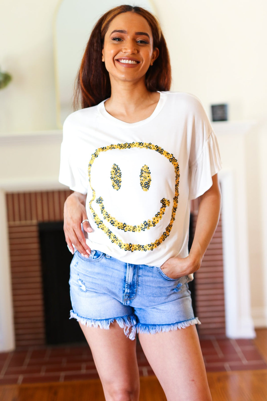 Live For Today White Floral Smiley Face Flutter Sleeve Tee-Red Lolly-[option4]-[option5]-[option6]-[option7]-[option8]-Shop-Boutique-Clothing-for-Women-Online