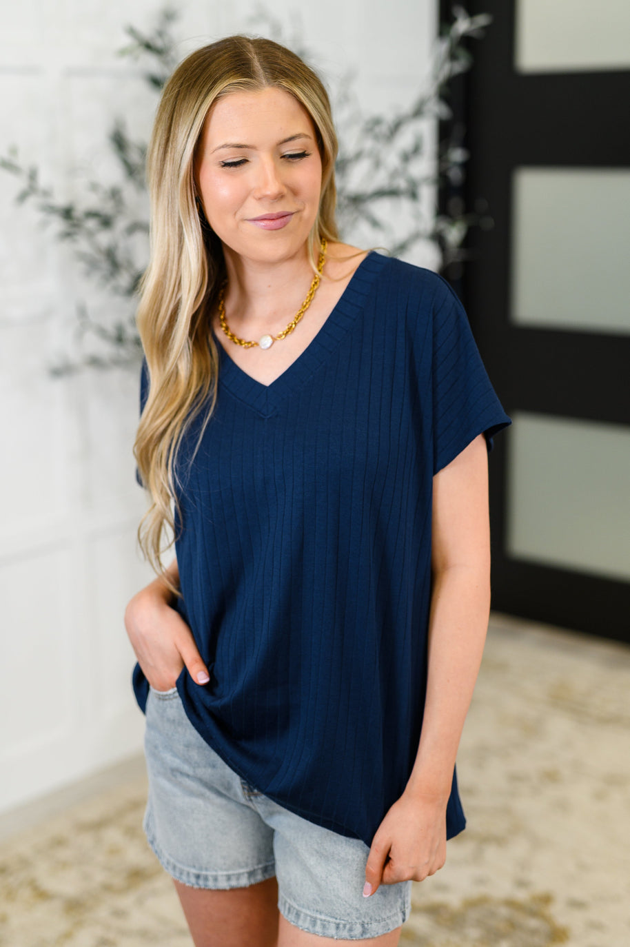 Top Shelf Basic V-Neck Ribbed Tee in Navy-Womens-Ave Shops-[option4]-[option5]-[option6]-[option7]-[option8]-Shop-Boutique-Clothing-for-Women-Online
