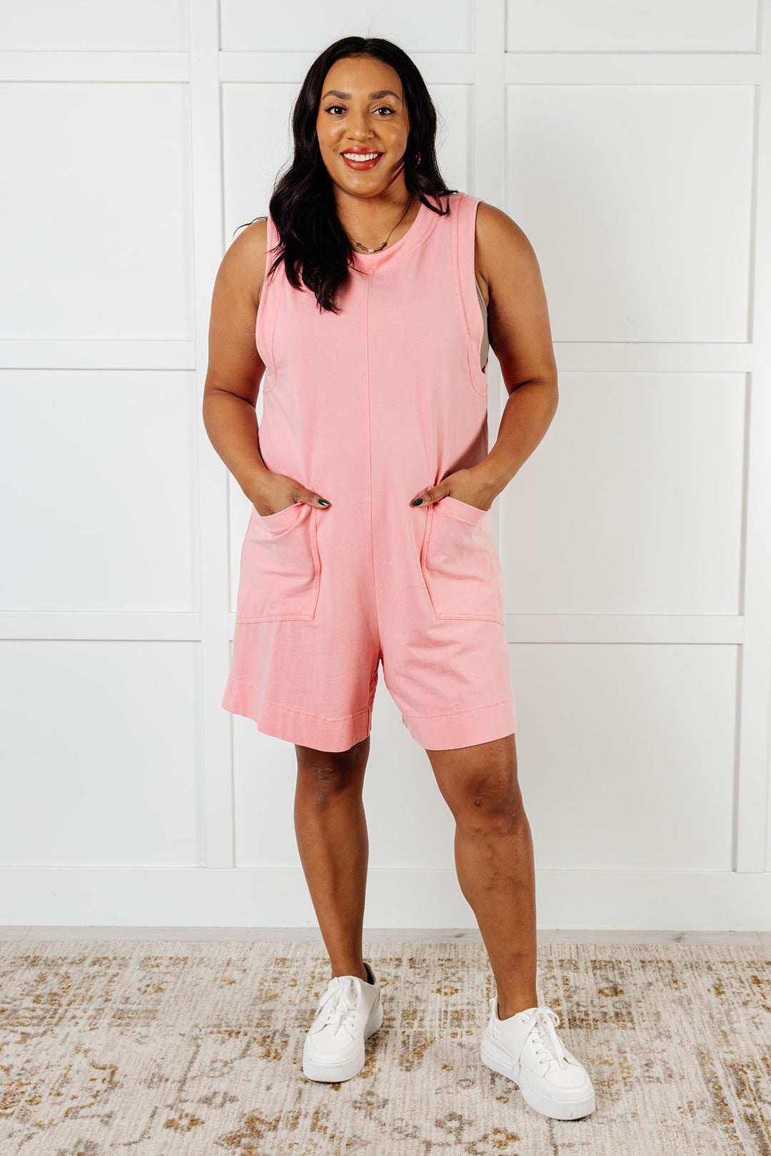 Rae Mode Up and Running Mineral Wash Romper in Coral Pink-Jumpsuits & Rompers-Ave Shops-[option4]-[option5]-[option6]-[option7]-[option8]-Shop-Boutique-Clothing-for-Women-Online