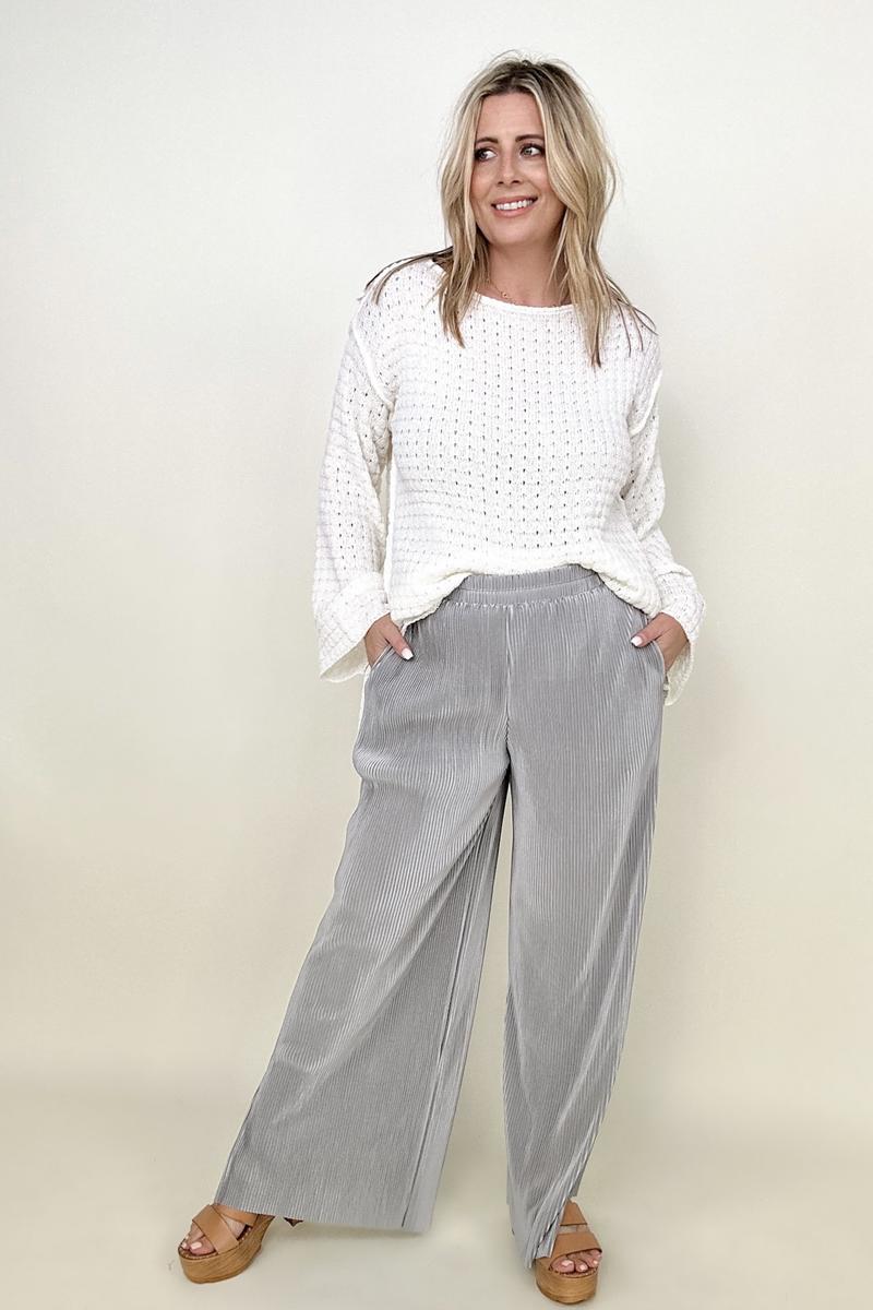 Petal Dew Satin Plisse Palazzo Pants with Pockets-Pants-Kiwidrop-Silver-S-[option4]-[option5]-[option6]-[option7]-[option8]-Shop-Boutique-Clothing-for-Women-Online