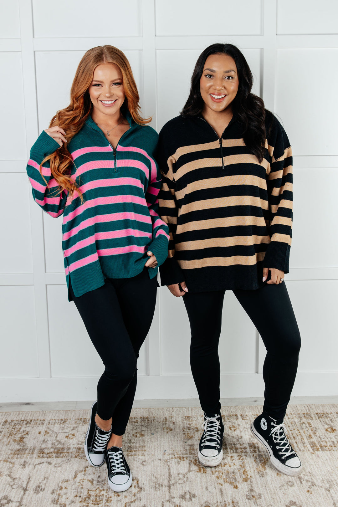 Well Situated Striped Quarter Zip Sweater in Green and Pink-Tops-Ave Shops-[option4]-[option5]-[option6]-[option7]-[option8]-Shop-Boutique-Clothing-for-Women-Online