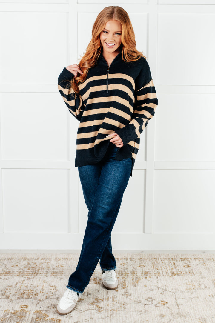 Well Situated Striped Quarter Zip Sweater in Black and Tan-Tops-Ave Shops-[option4]-[option5]-[option6]-[option7]-[option8]-Shop-Boutique-Clothing-for-Women-Online