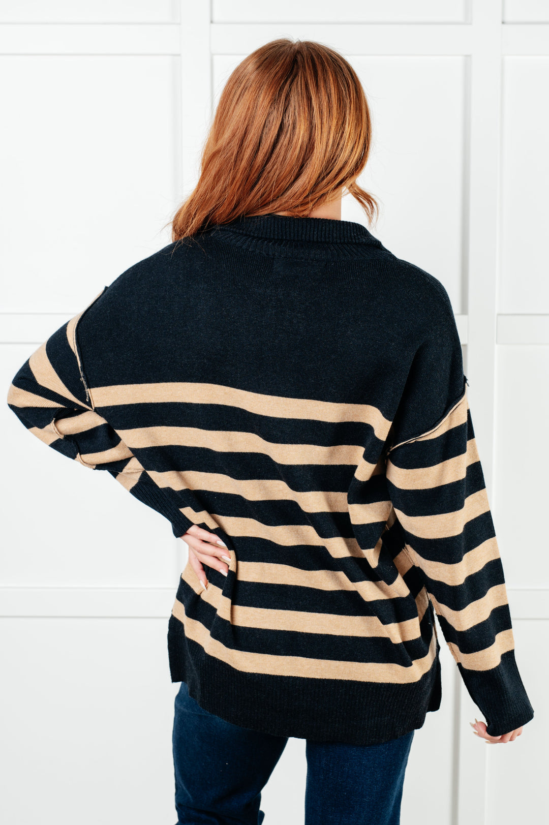 Well Situated Striped Quarter Zip Sweater in Black and Tan-Tops-Ave Shops-[option4]-[option5]-[option6]-[option7]-[option8]-Shop-Boutique-Clothing-for-Women-Online