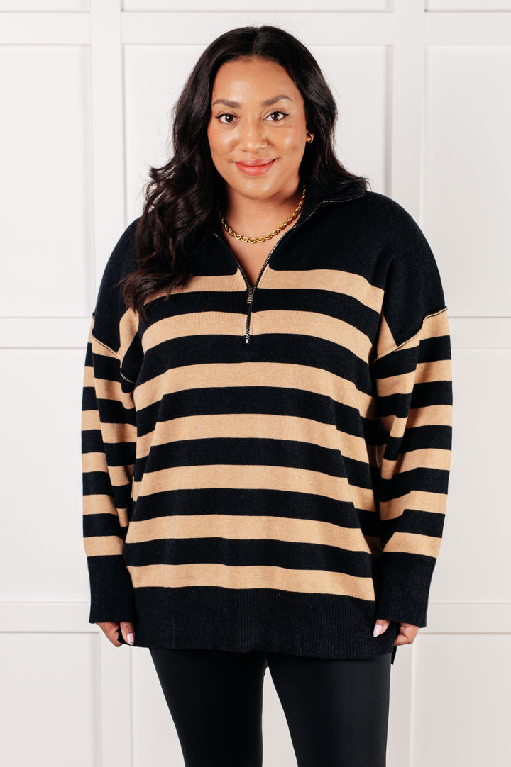 Well Situated Striped Quarter Zip Sweater in Black and Tan-Tops-Ave Shops-[option4]-[option5]-[option6]-[option7]-[option8]-Shop-Boutique-Clothing-for-Women-Online