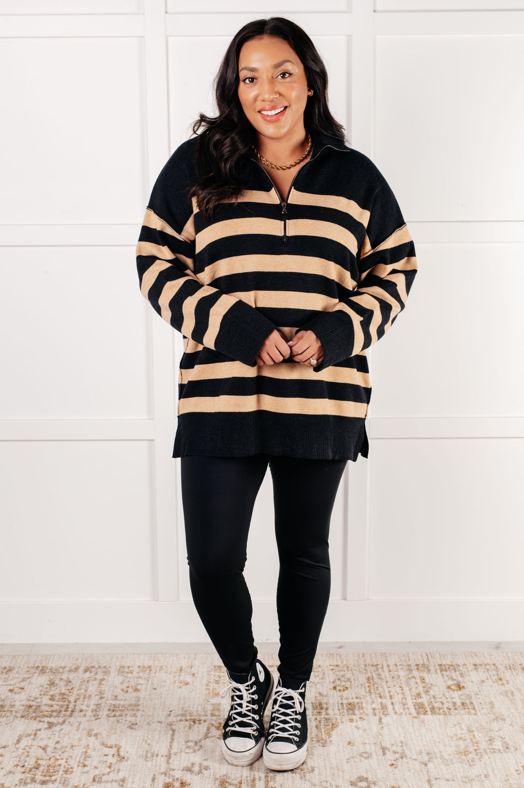 Well Situated Striped Quarter Zip Sweater in Black and Tan-Tops-Ave Shops-[option4]-[option5]-[option6]-[option7]-[option8]-Shop-Boutique-Clothing-for-Women-Online