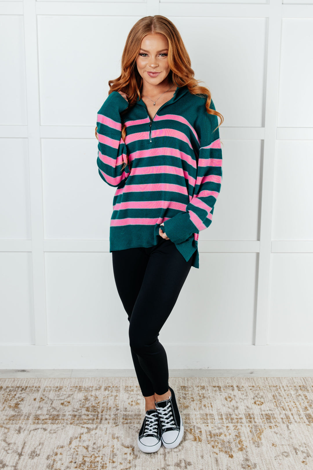 Well Situated Striped Quarter Zip Sweater in Green and Pink-Tops-Ave Shops-[option4]-[option5]-[option6]-[option7]-[option8]-Shop-Boutique-Clothing-for-Women-Online