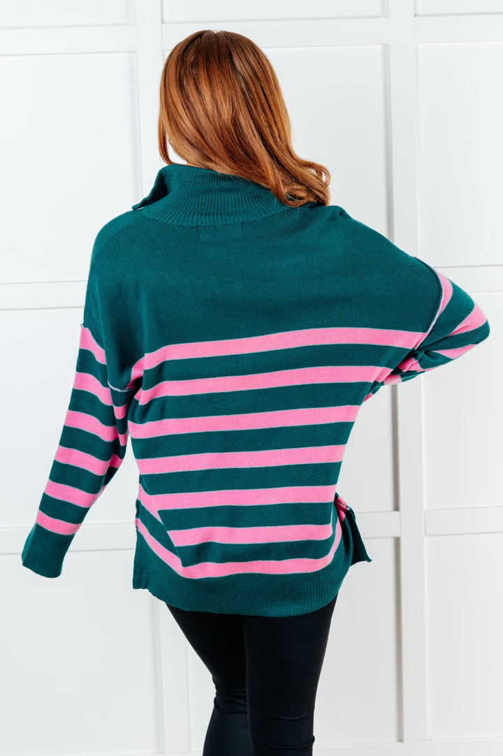 Well Situated Striped Quarter Zip Sweater in Green and Pink-Tops-Ave Shops-[option4]-[option5]-[option6]-[option7]-[option8]-Shop-Boutique-Clothing-for-Women-Online