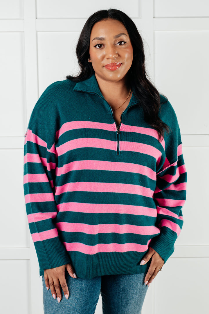 Well Situated Striped Quarter Zip Sweater in Green and Pink-Tops-Ave Shops-[option4]-[option5]-[option6]-[option7]-[option8]-Shop-Boutique-Clothing-for-Women-Online