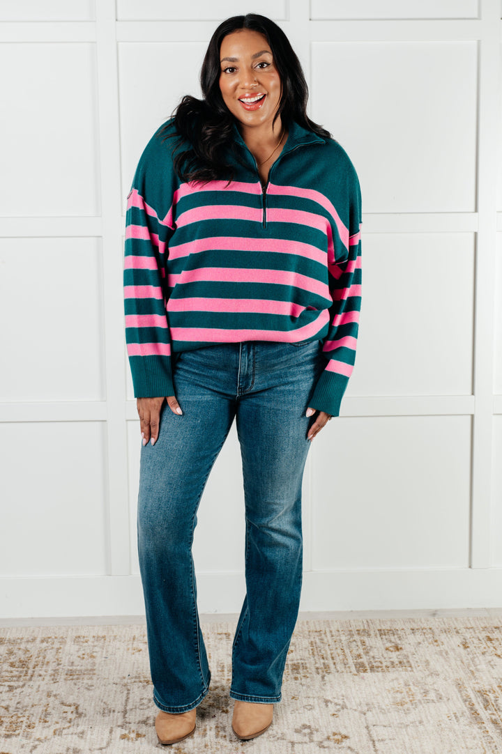 Well Situated Striped Quarter Zip Sweater in Green and Pink-Tops-Ave Shops-[option4]-[option5]-[option6]-[option7]-[option8]-Shop-Boutique-Clothing-for-Women-Online