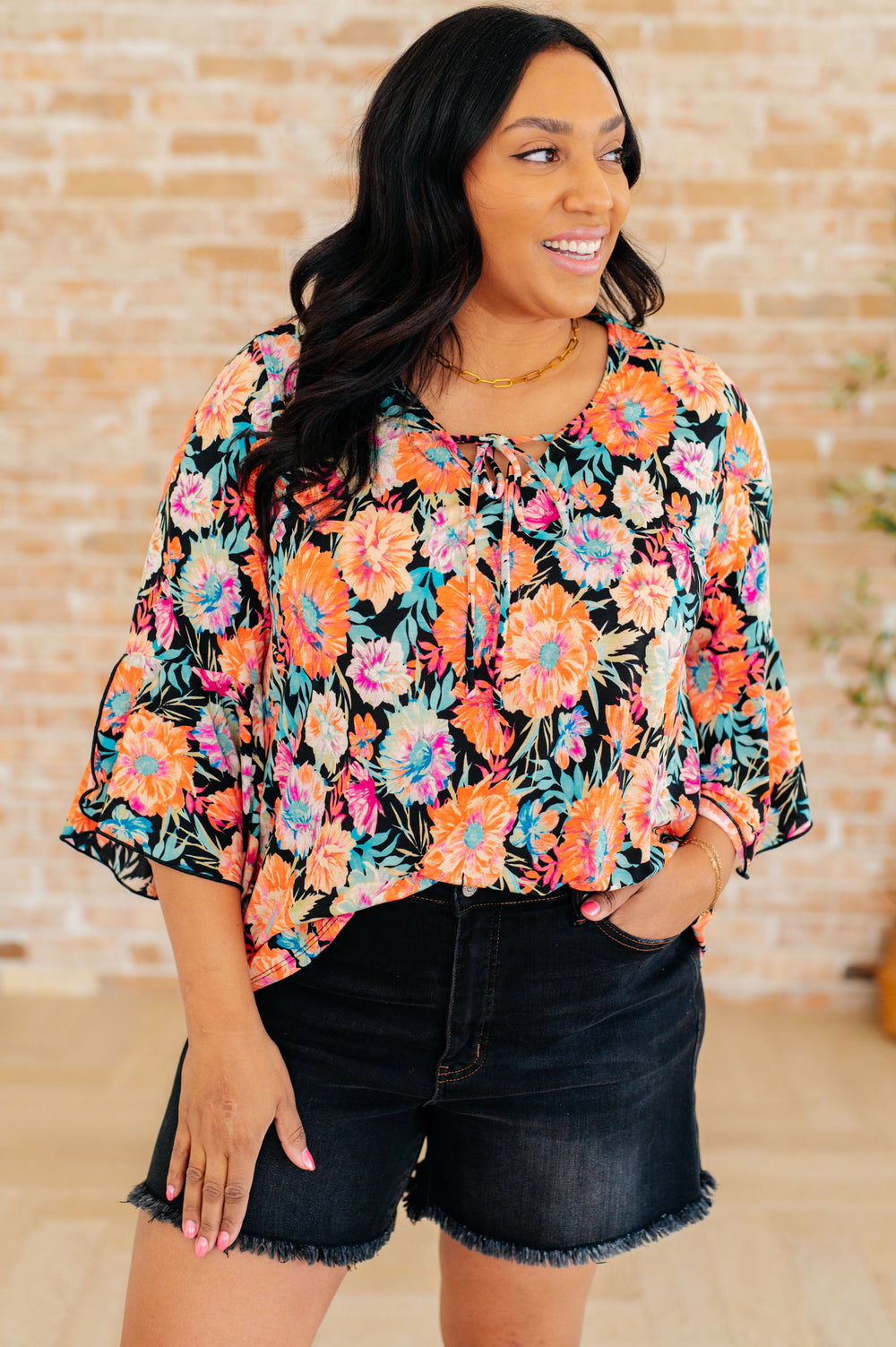 Willow Bell Sleeve Top in Black and Persimmon Floral-Tops-Ave Shops-[option4]-[option5]-[option6]-[option7]-[option8]-Shop-Boutique-Clothing-for-Women-Online