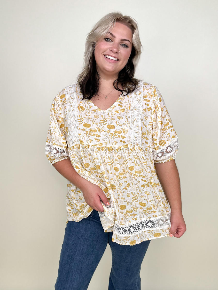 Hayden Los Angeles Womens Floral Lace Puff Sleeve Tunic Top-Blouses-Kiwidrop-Mustard-1XL-[option4]-[option5]-[option6]-[option7]-[option8]-Shop-Boutique-Clothing-for-Women-Online