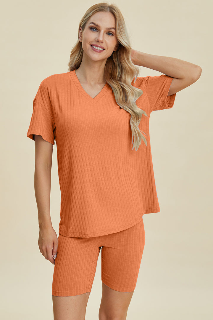 Basic Bae Ribbed V-Neck Short Sleeve Top and Shorts Set-Trendsi-Tangerine-S-[option4]-[option5]-[option6]-[option7]-[option8]-Shop-Boutique-Clothing-for-Women-Online