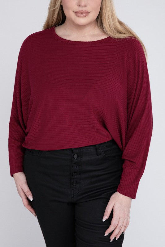 Zenana Plus Ribbed Batwing Long Sleeve Boat Neck Sweater-ZENANA-CABERNET-1X-[option4]-[option5]-[option6]-[option7]-[option8]-Shop-Boutique-Clothing-for-Women-Online