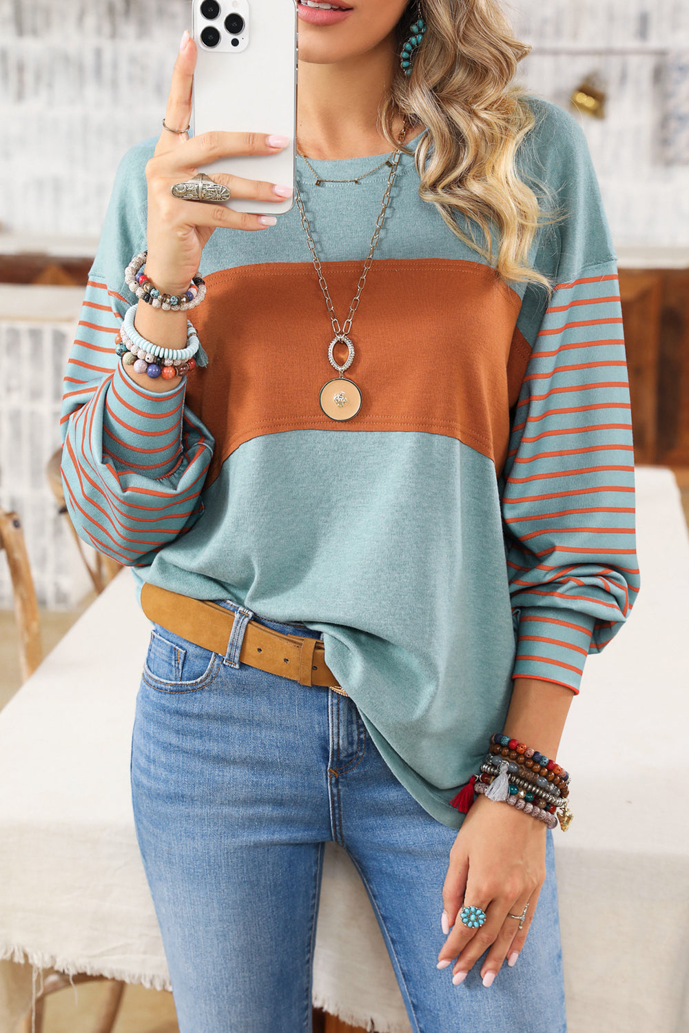 Lexie Colorblock Striped Bishop Sleeve Top with Side Slits-Long Sleeve Tops-Shewin-Green-S-[option4]-[option5]-[option6]-[option7]-[option8]-Shop-Boutique-Clothing-for-Women-Online