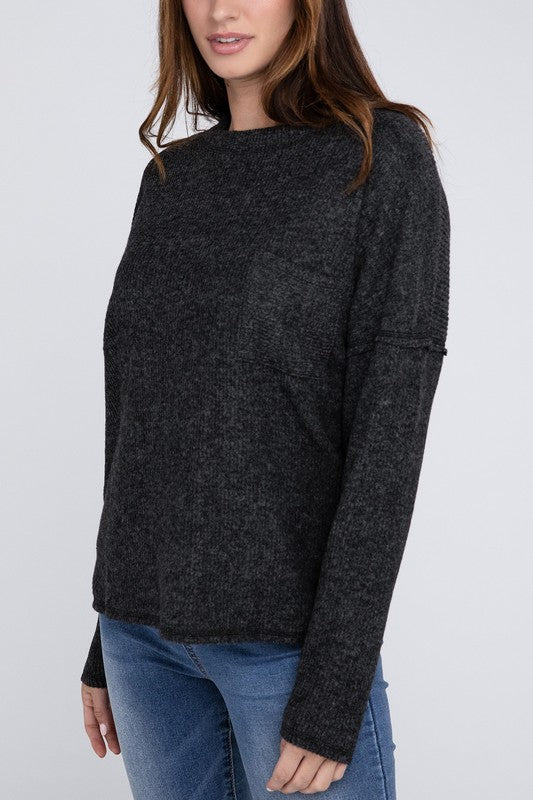 Zenana Ribbed Brushed Melange Hacci Sweater with a Pocket-ZENANA-BLACK-S-[option4]-[option5]-[option6]-[option7]-[option8]-Shop-Boutique-Clothing-for-Women-Online