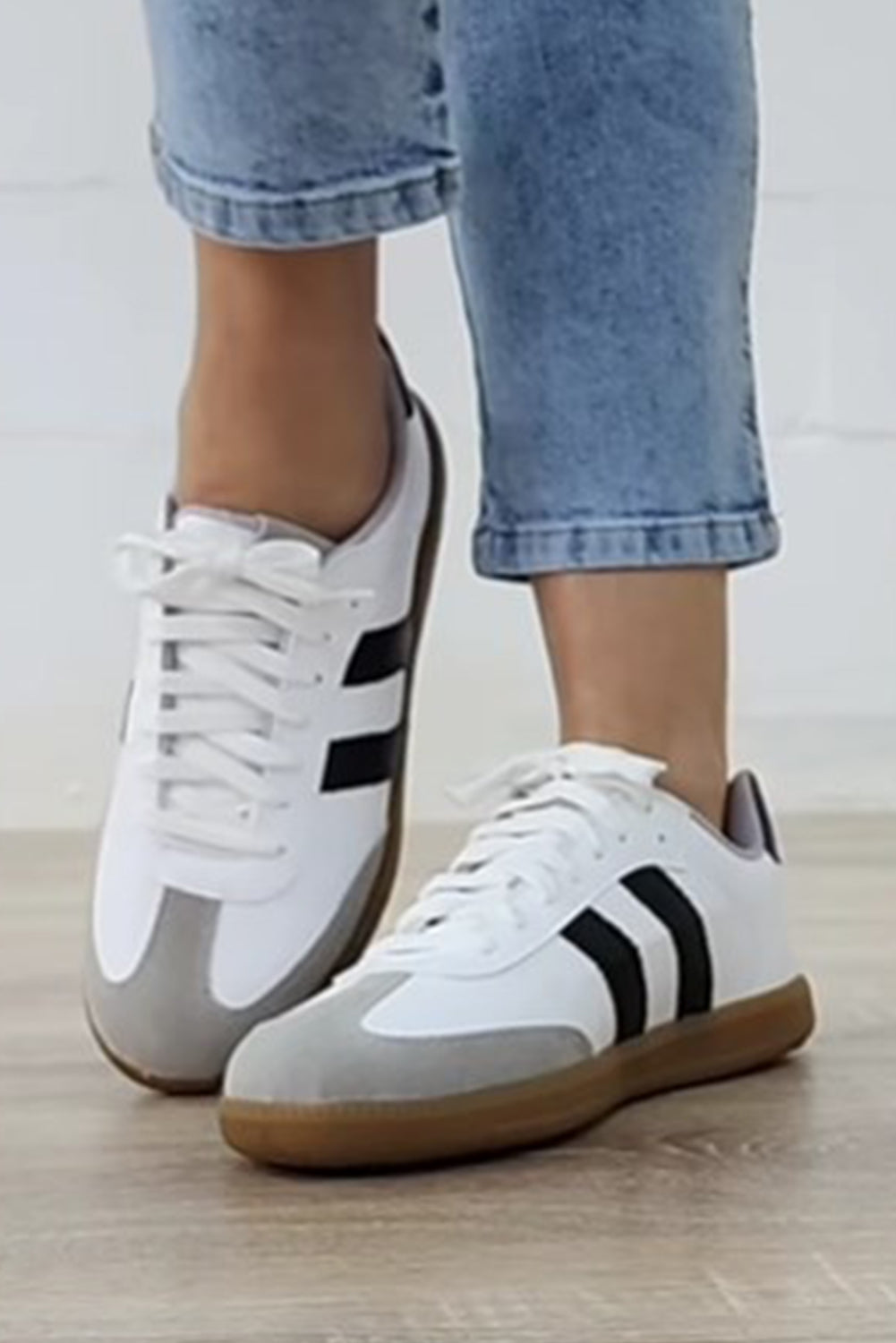 Striped Lace Up Flat Sneakers-Sneakers-Shewin-[option4]-[option5]-[option6]-[option7]-[option8]-Shop-Boutique-Clothing-for-Women-Online