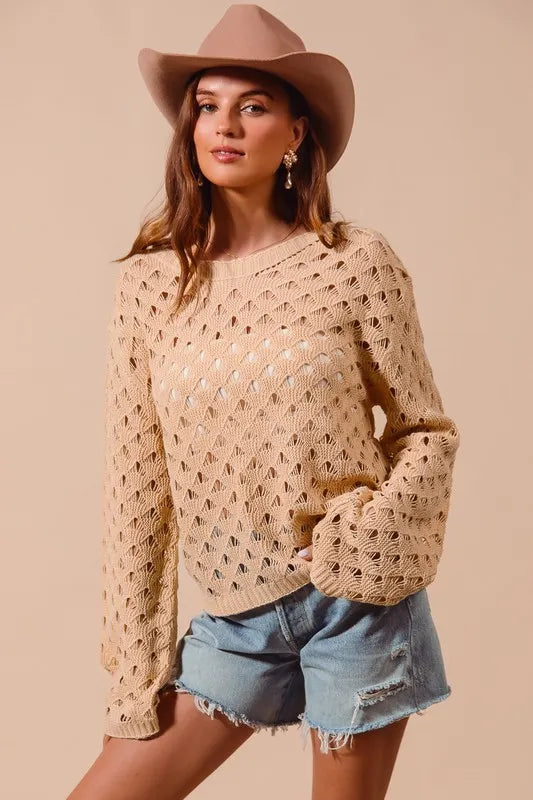 SO ME Geometric Pattern Open Knit Lightweight Sweater-Sweaters-Trendsi-[option4]-[option5]-[option6]-[option7]-[option8]-Shop-Boutique-Clothing-for-Women-Online