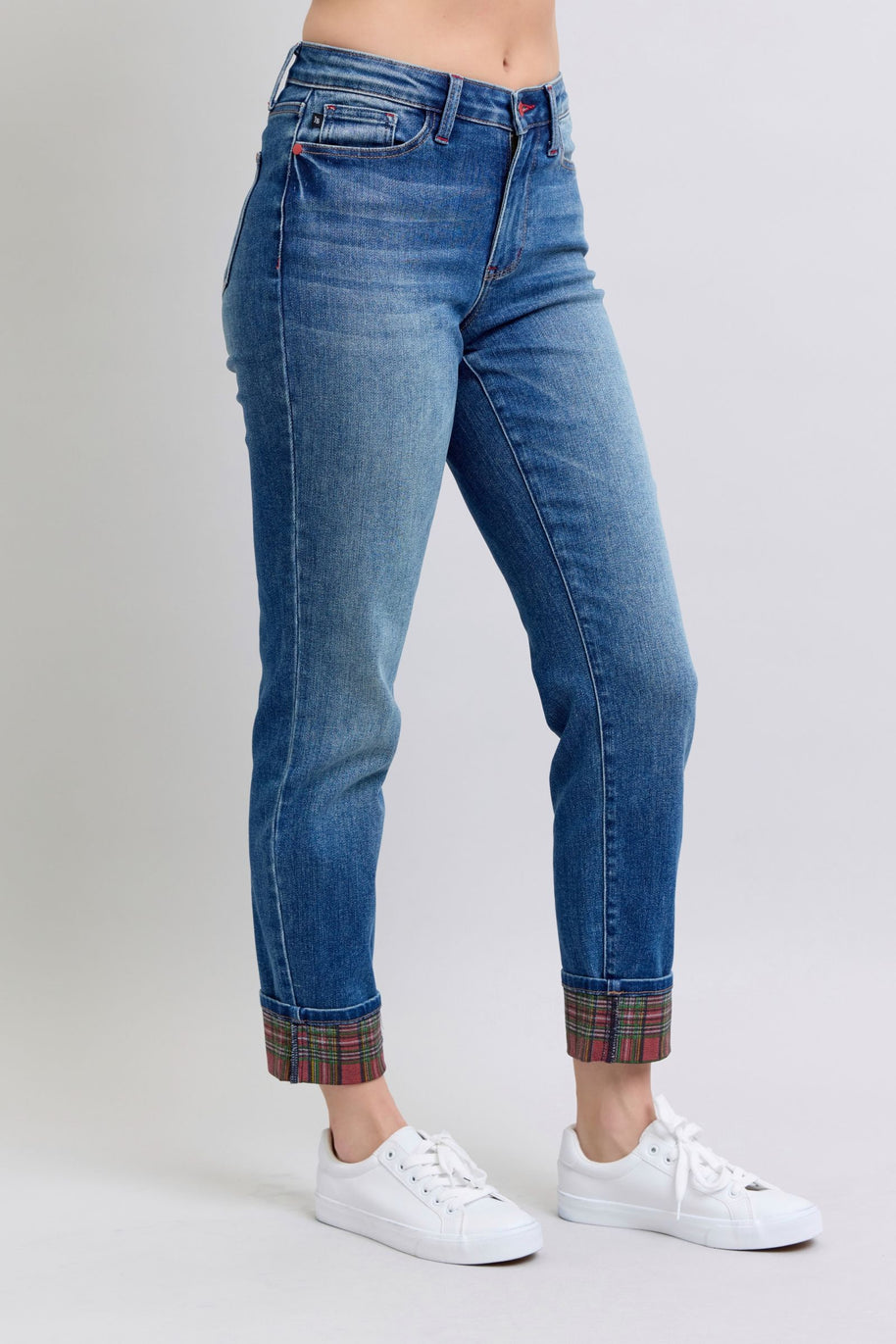 Judy Blue Plaid Print Cuff Boyfriend Fit Jeans-Trendsi-[option4]-[option5]-[option6]-[option7]-[option8]-Shop-Boutique-Clothing-for-Women-Online