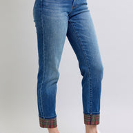Judy Blue Plaid Print Cuff Boyfriend Fit Jeans-Trendsi-[option4]-[option5]-[option6]-[option7]-[option8]-Shop-Boutique-Clothing-for-Women-Online