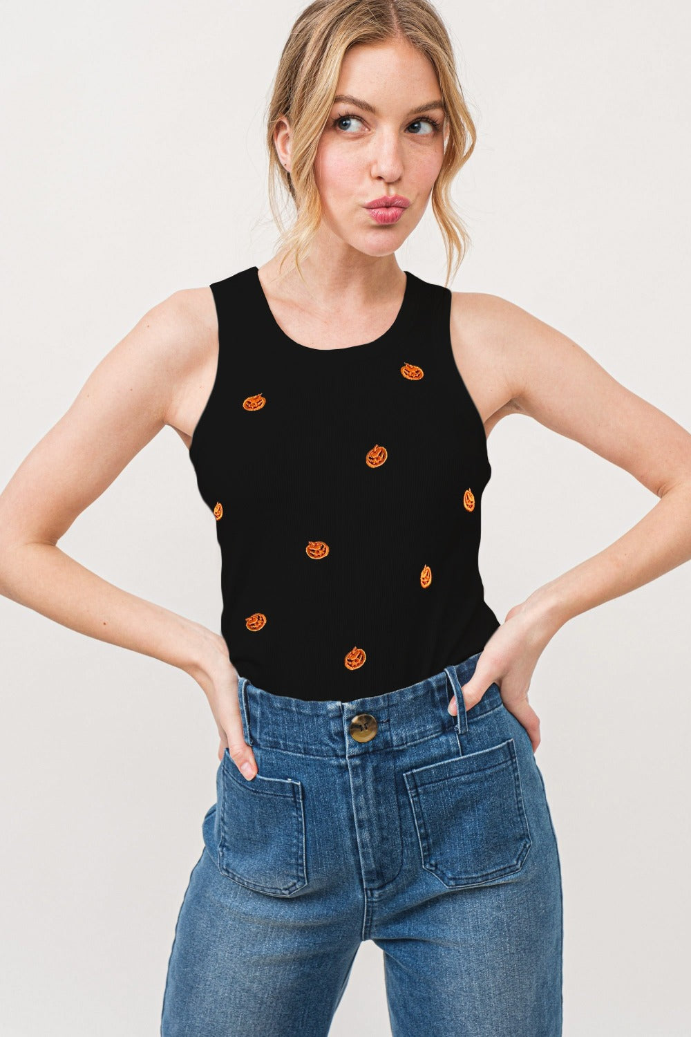 And The Why Jack O' Lantern Embroidered Ribbed Tank-Trendsi-Black-S-[option4]-[option5]-[option6]-[option7]-[option8]-Shop-Boutique-Clothing-for-Women-Online