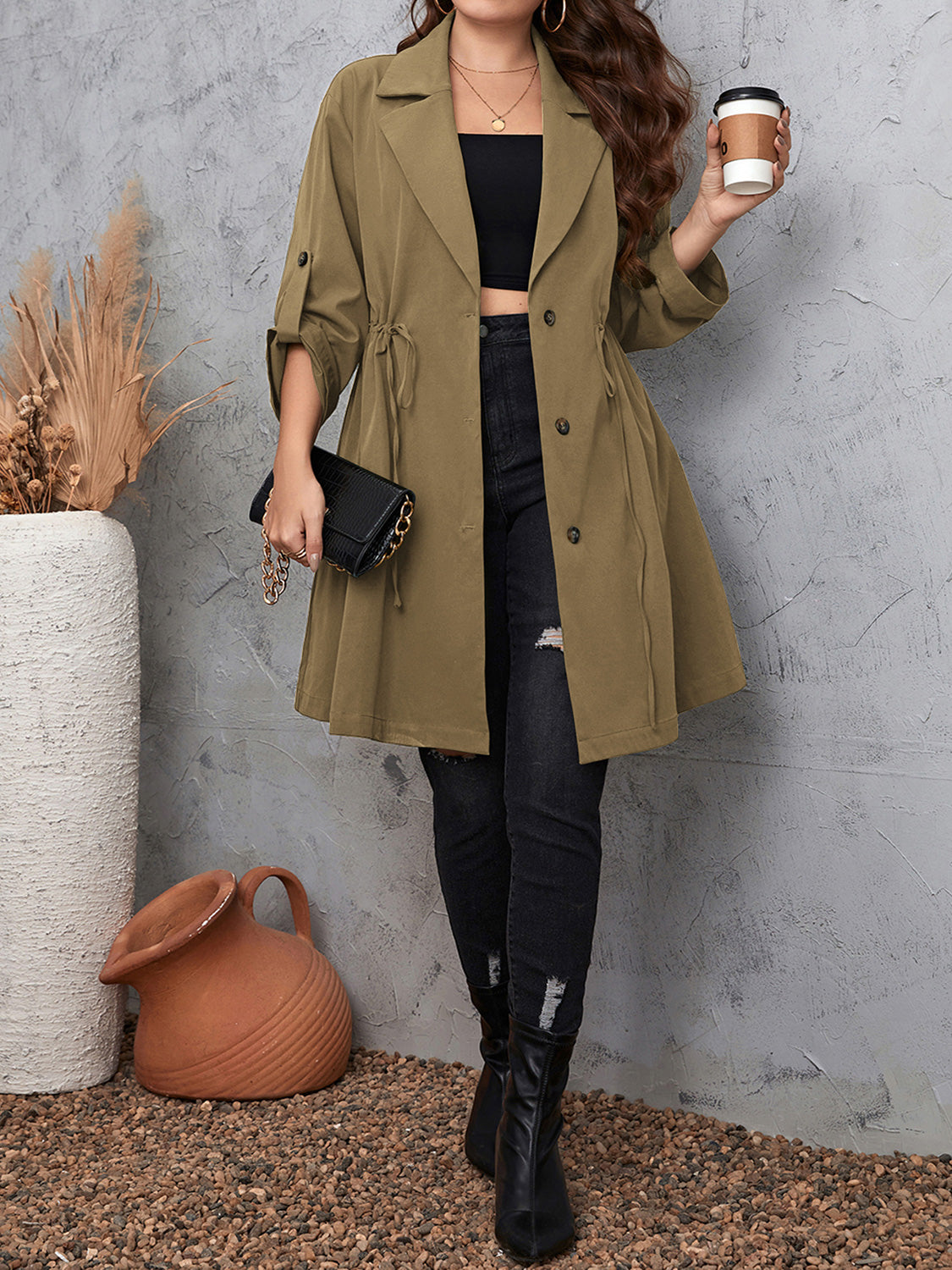 Honey Plus Size Lapel Collar Drawstring Roll-Tab Sleeve Trench Coat-Coats & Jackets-Trendsi-[option4]-[option5]-[option6]-[option7]-[option8]-Shop-Boutique-Clothing-for-Women-Online