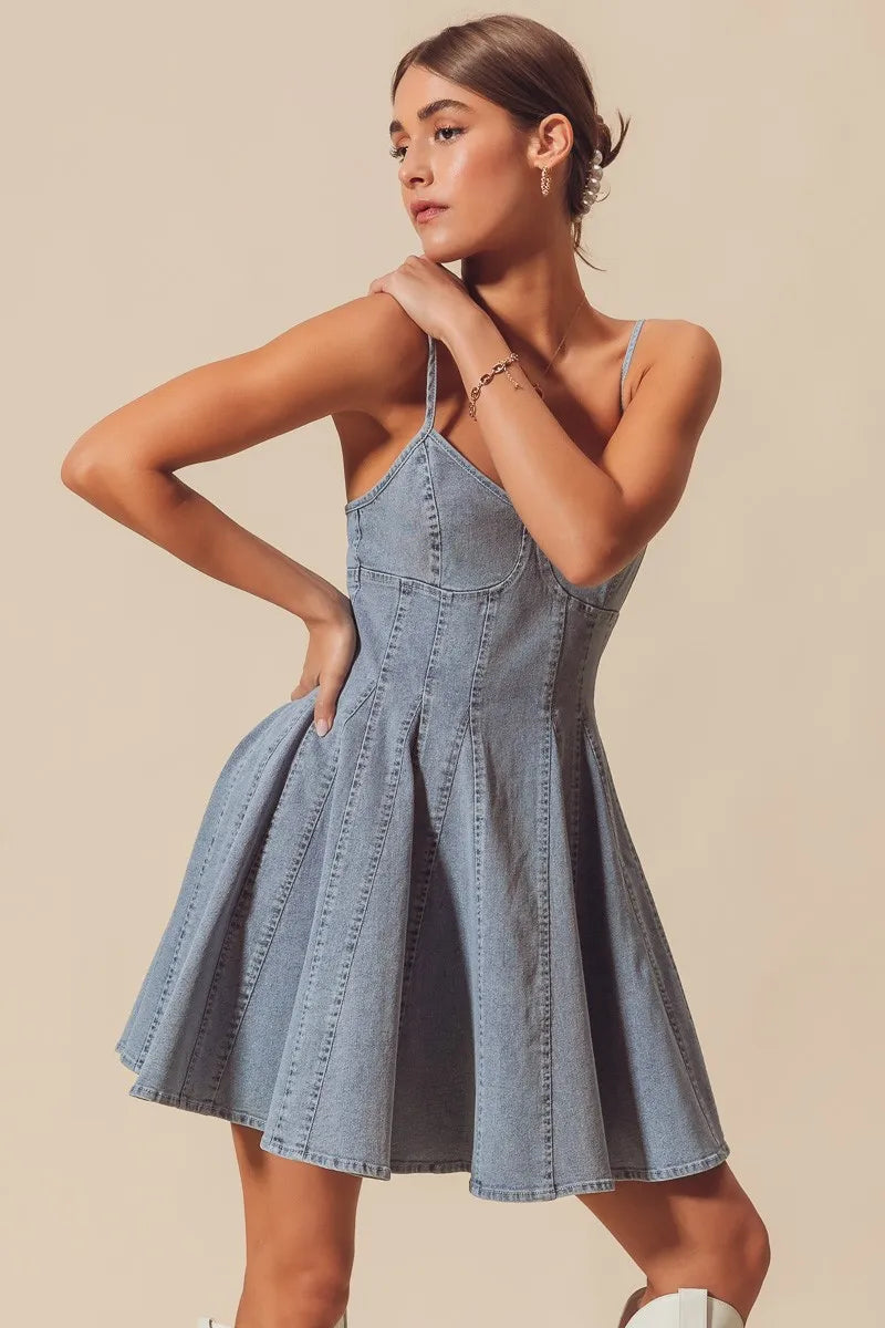 SO ME A Line Fit and Flare Denim Mini Dress-Dresses-Trendsi-[option4]-[option5]-[option6]-[option7]-[option8]-Shop-Boutique-Clothing-for-Women-Online