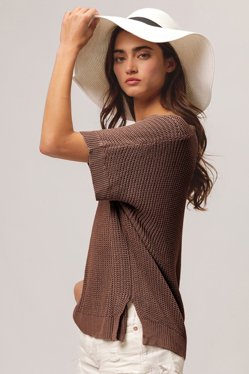 BiBi V-Neck Slit Short Sleeve Sweater-Trendsi-Mocha-S-[option4]-[option5]-[option6]-[option7]-[option8]-Shop-Boutique-Clothing-for-Women-Online