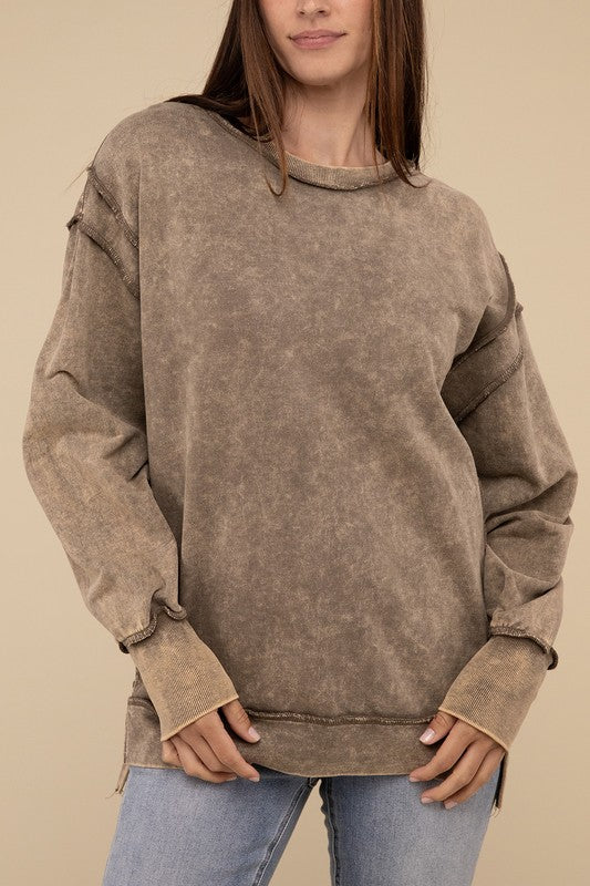 Zenana Acid Wash French Terry Exposed-Seam Sweatshirt-ZENANA-MOCHA-S/M-[option4]-[option5]-[option6]-[option7]-[option8]-Shop-Boutique-Clothing-for-Women-Online