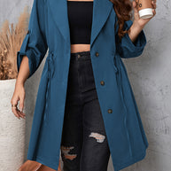 Honey Plus Size Lapel Collar Drawstring Roll-Tab Sleeve Trench Coat-Coats & Jackets-Trendsi-[option4]-[option5]-[option6]-[option7]-[option8]-Shop-Boutique-Clothing-for-Women-Online