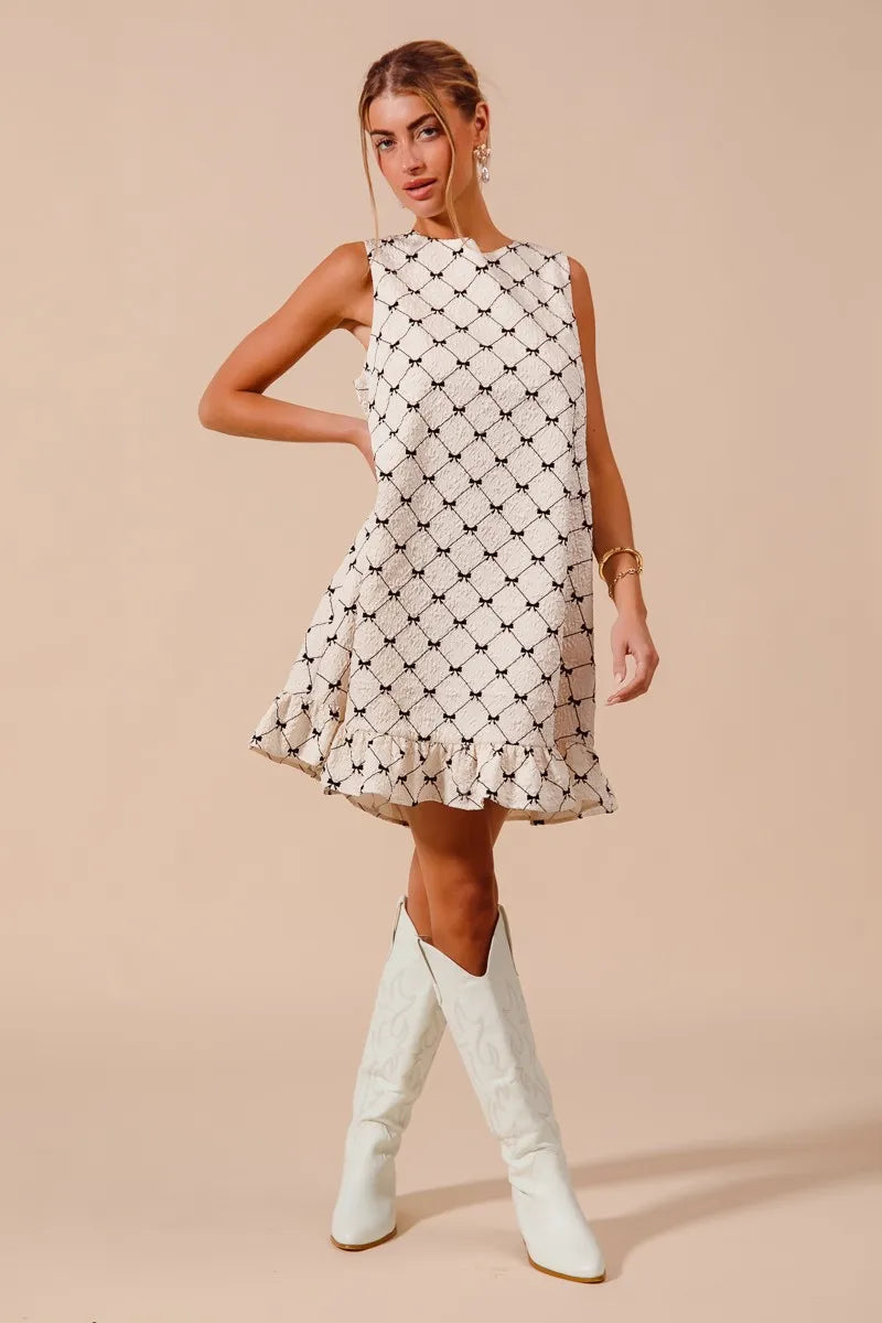 SO ME Texture Bow Printed Mini Ruffle Dress-Dresses-Trendsi-[option4]-[option5]-[option6]-[option7]-[option8]-Shop-Boutique-Clothing-for-Women-Online