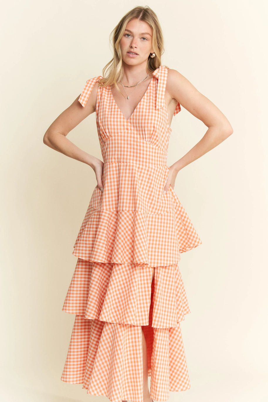 Jade By Jane Sleeveless Gingham Print Tiered Midi Dress-Dresses-Trendsi-[option4]-[option5]-[option6]-[option7]-[option8]-Shop-Boutique-Clothing-for-Women-Online