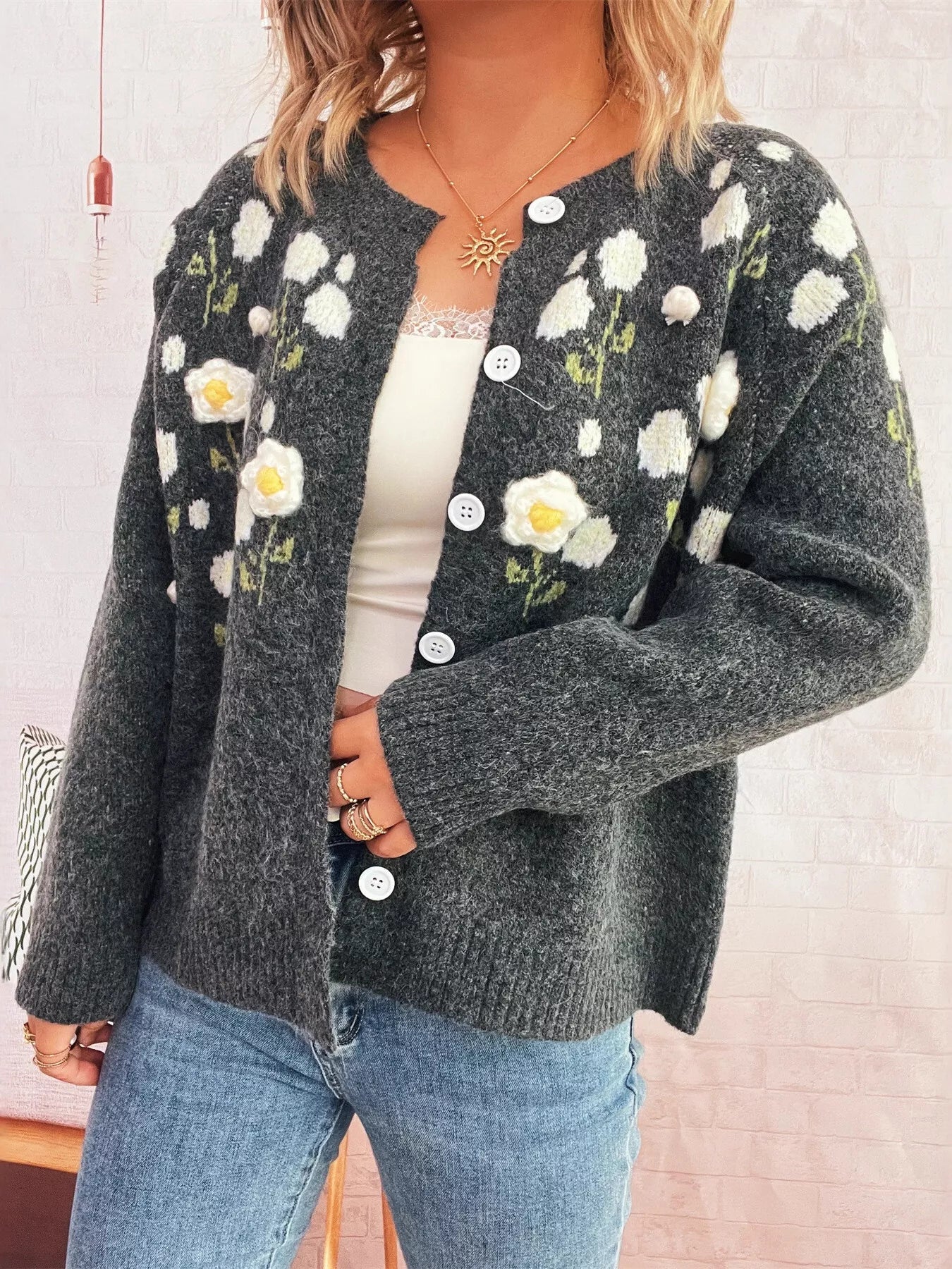 Flower Button Up Long Sleeve Cardigan-Cardigan-Trendsi-[option4]-[option5]-[option6]-[option7]-[option8]-Shop-Boutique-Clothing-for-Women-Online