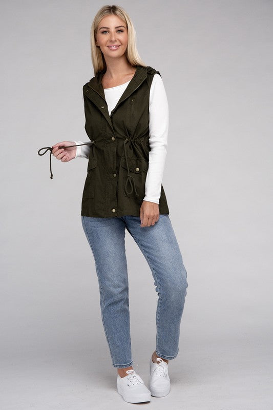 Zenana Drawstring Waist Military Hoodie Vest-ZENANA-[option4]-[option5]-[option6]-[option7]-[option8]-Shop-Boutique-Clothing-for-Women-Online