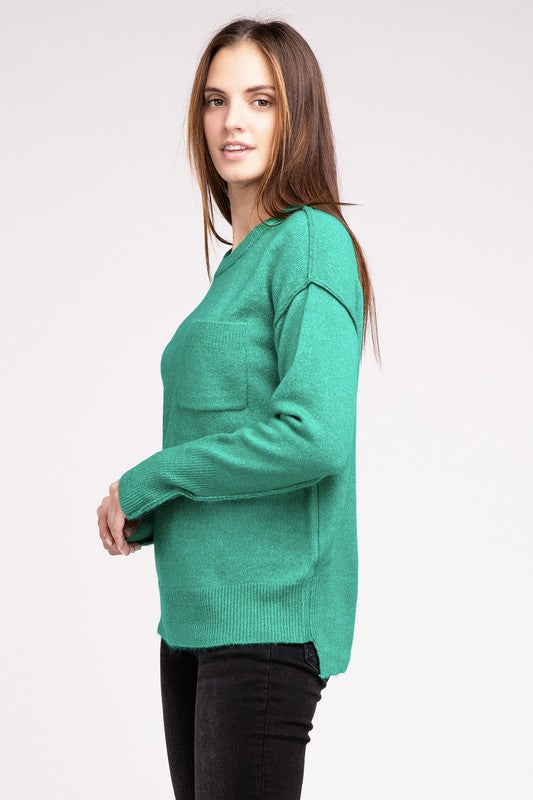 Zenana MELANGE HI-LOW HEM ROUND NECK SWEATER-ZENANA-[option4]-[option5]-[option6]-[option7]-[option8]-Shop-Boutique-Clothing-for-Women-Online