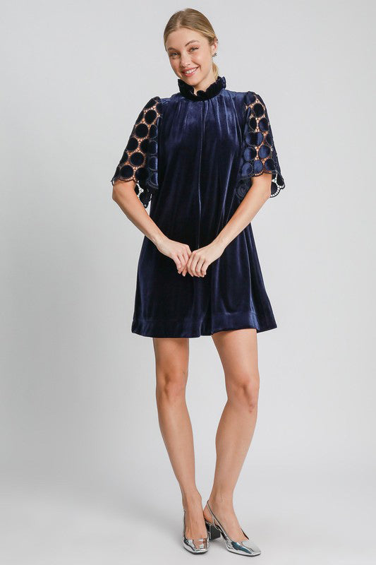 Umgee Dotted Lace Half Sleeve Mock Neck Back Tie Velvet Dress-Trendsi-[option4]-[option5]-[option6]-[option7]-[option8]-Shop-Boutique-Clothing-for-Women-Online