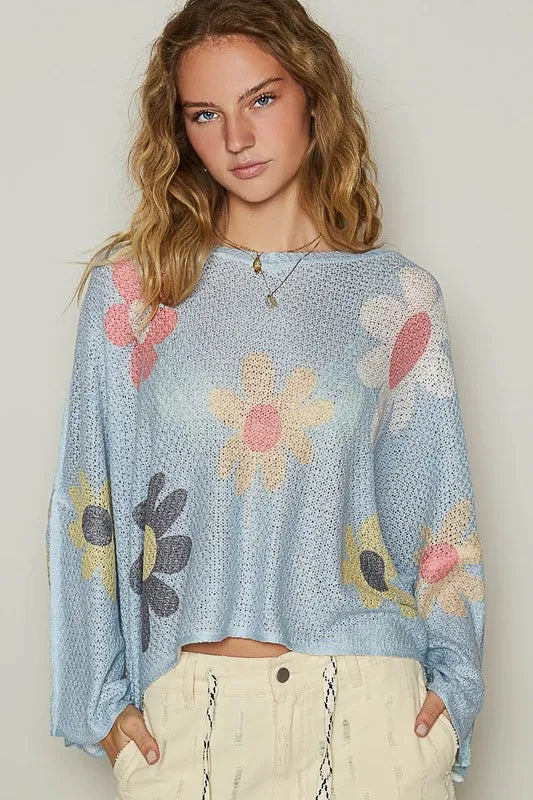 POL Flower Dropped Shoulder Long Sleeve Knit Top-knit top-Trendsi-[option4]-[option5]-[option6]-[option7]-[option8]-Shop-Boutique-Clothing-for-Women-Online