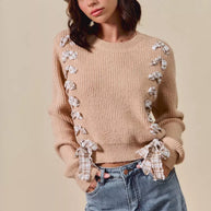 SO ME Checkered Plaid Tape Lace Up Ribbed Sweater-Sweaters-Trendsi-[option4]-[option5]-[option6]-[option7]-[option8]-Shop-Boutique-Clothing-for-Women-Online