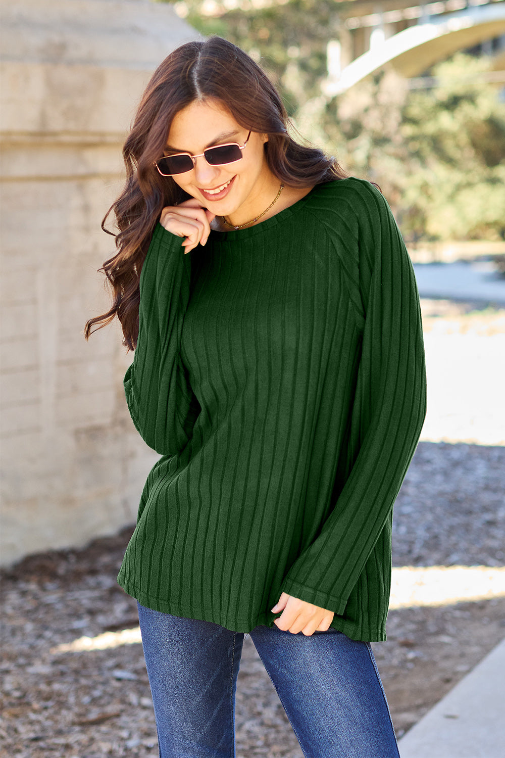 Basic Bae Ribbed Round Neck Long Sleeve Knit Top-Trendsi-Dark Green-S-[option4]-[option5]-[option6]-[option7]-[option8]-Shop-Boutique-Clothing-for-Women-Online