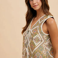 Annie Wear Ethnic Woven Jacquard Tie Front Vest-Tops-Trendsi-[option4]-[option5]-[option6]-[option7]-[option8]-Shop-Boutique-Clothing-for-Women-Online