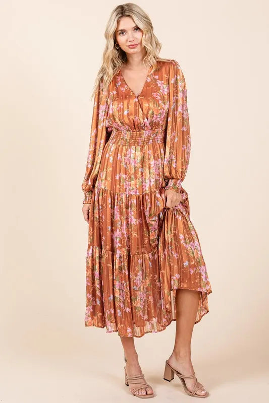 Mittoshop Flower Print Satin Lurex Stripe Smocked Midi Dress-Dresses-Trendsi-[option4]-[option5]-[option6]-[option7]-[option8]-Shop-Boutique-Clothing-for-Women-Online