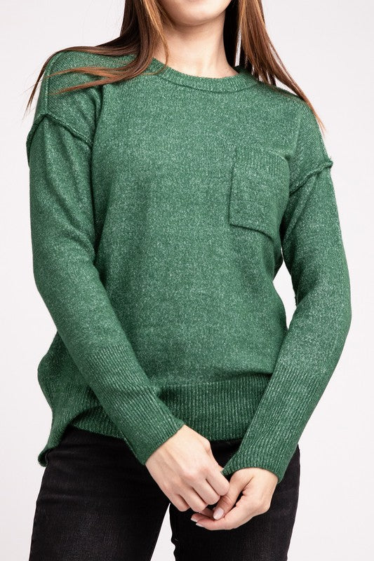 Zenana MELANGE HI-LOW HEM ROUND NECK SWEATER-ZENANA-H DK GREEN-S/M-[option4]-[option5]-[option6]-[option7]-[option8]-Shop-Boutique-Clothing-for-Women-Online