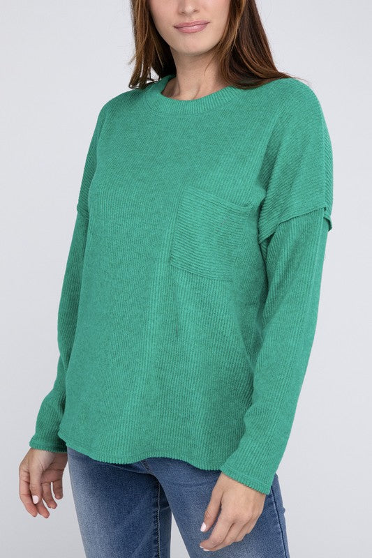 Zenana Ribbed Brushed Melange Hacci Sweater with a Pocket-ZENANA-K GREEN-S-[option4]-[option5]-[option6]-[option7]-[option8]-Shop-Boutique-Clothing-for-Women-Online