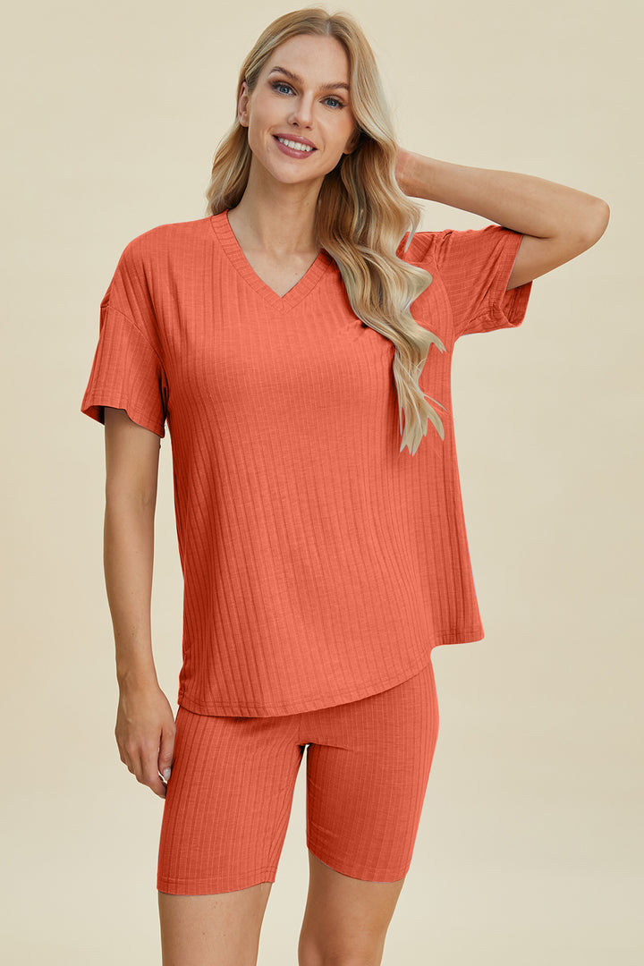 Basic Bae Ribbed V-Neck Short Sleeve Top and Shorts Set-Trendsi-[option4]-[option5]-[option6]-[option7]-[option8]-Shop-Boutique-Clothing-for-Women-Online