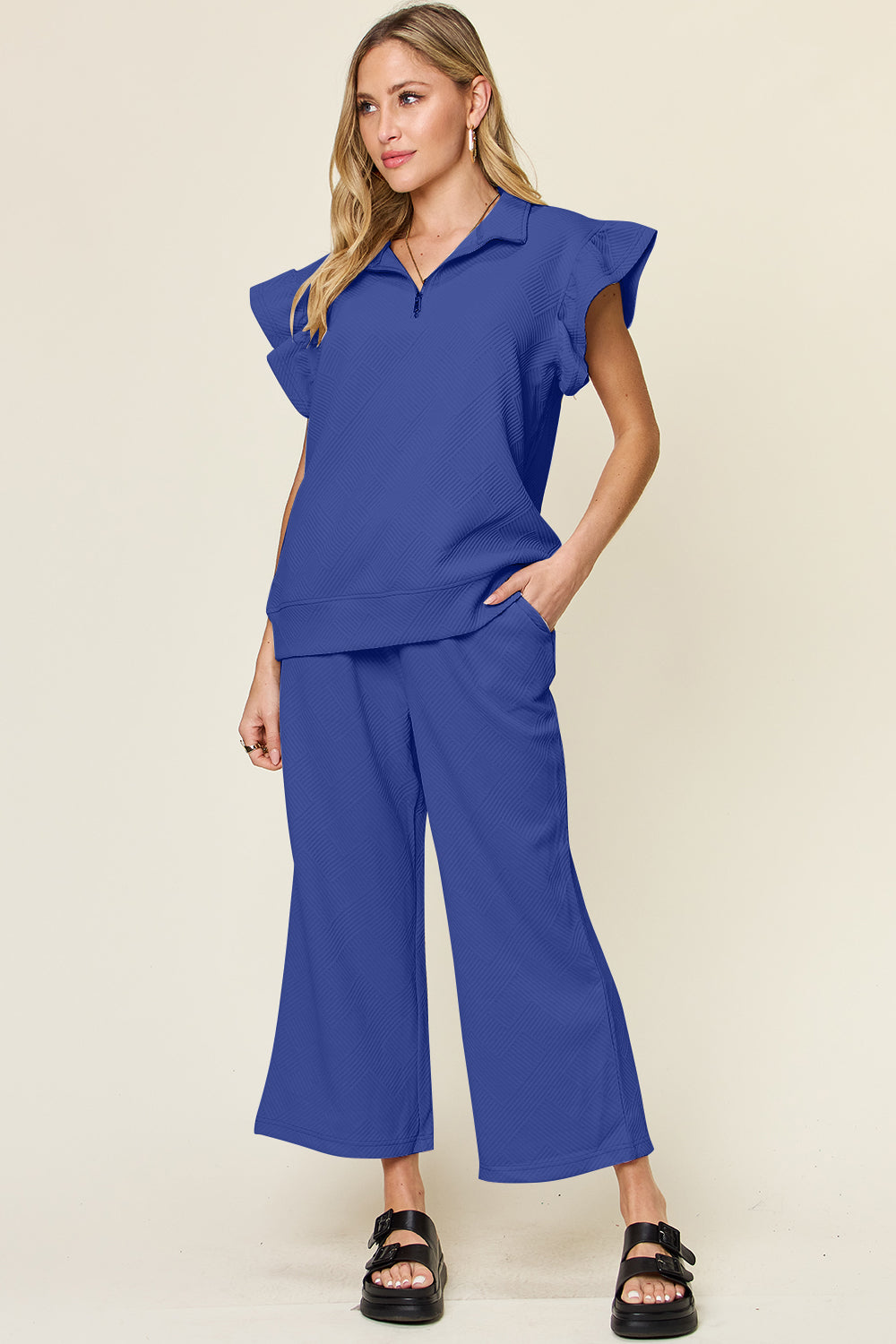 Double Take Texture Ruffle Short Sleeve Top and Drawstring Wide Leg Pants Set-Trendsi-Royal Blue-S-[option4]-[option5]-[option6]-[option7]-[option8]-Shop-Boutique-Clothing-for-Women-Online