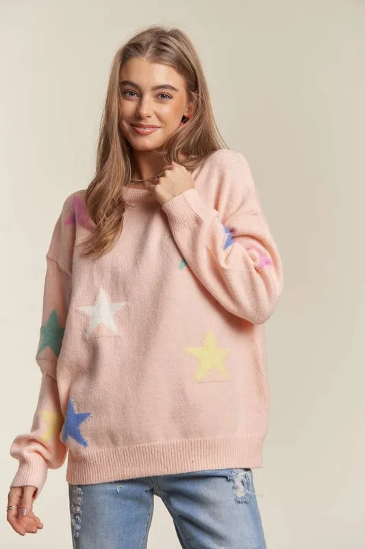 ADORA Stars Pattern Round Neck Drop Shoulder Sweater-Sweaters-Trendsi-[option4]-[option5]-[option6]-[option7]-[option8]-Shop-Boutique-Clothing-for-Women-Online