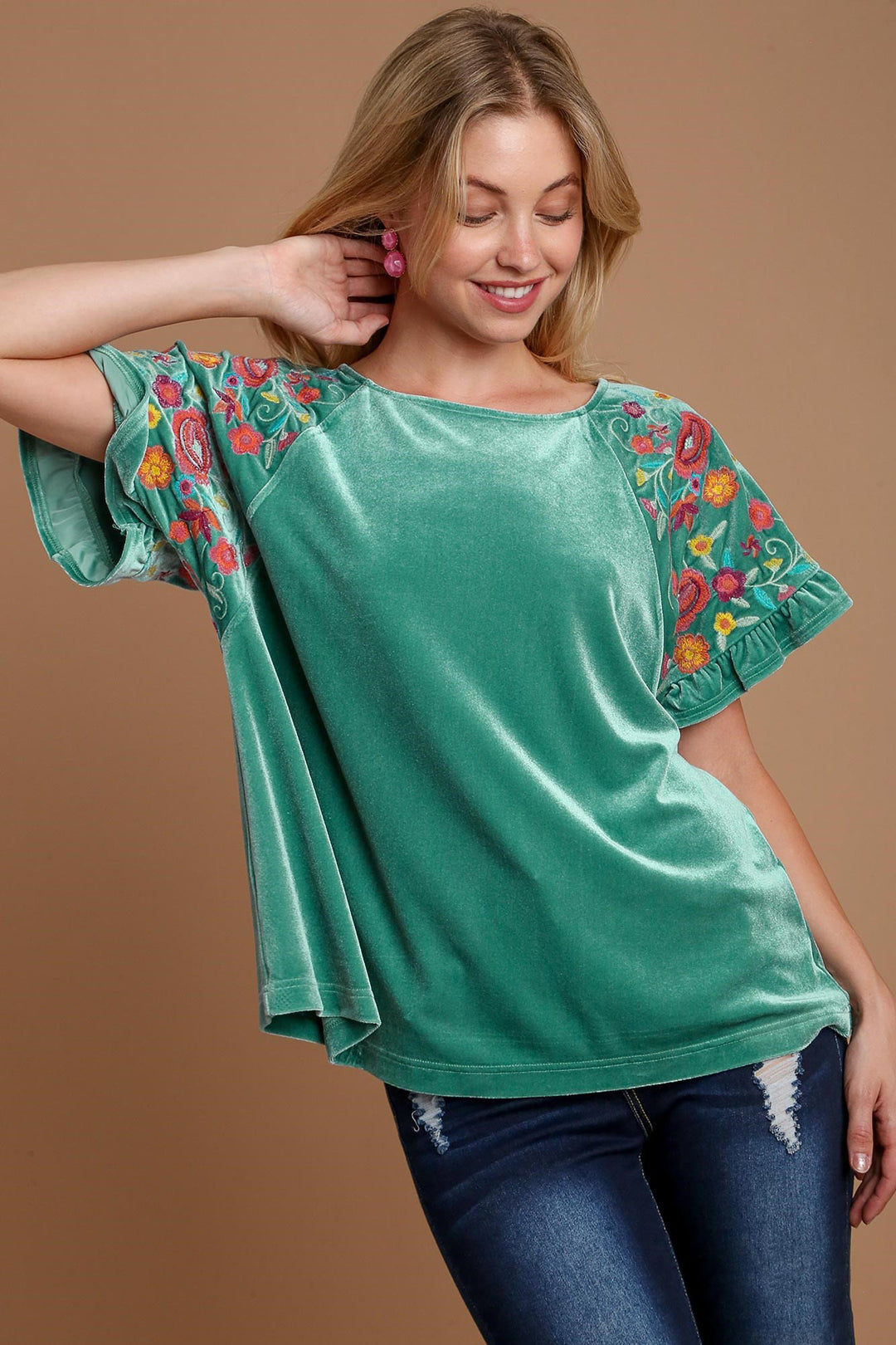 Umgee Velvet Embroidery Short Sleeve Blouse-Trendsi-Turquoise-S-[option4]-[option5]-[option6]-[option7]-[option8]-Shop-Boutique-Clothing-for-Women-Online